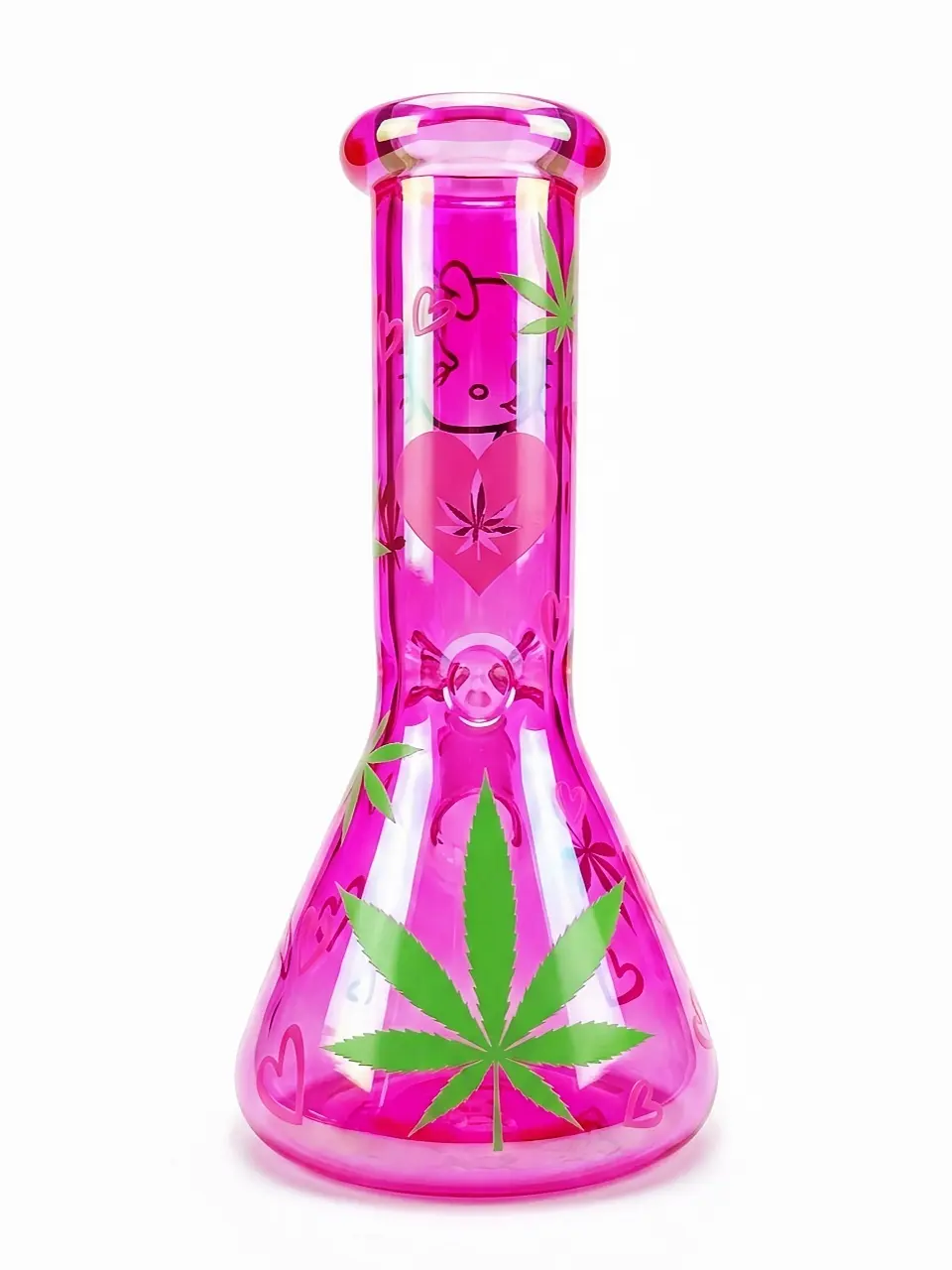 10 Inch Hot Pink Iridescent Leaf Hello Kitty Beaker Glass Bong - Image 2