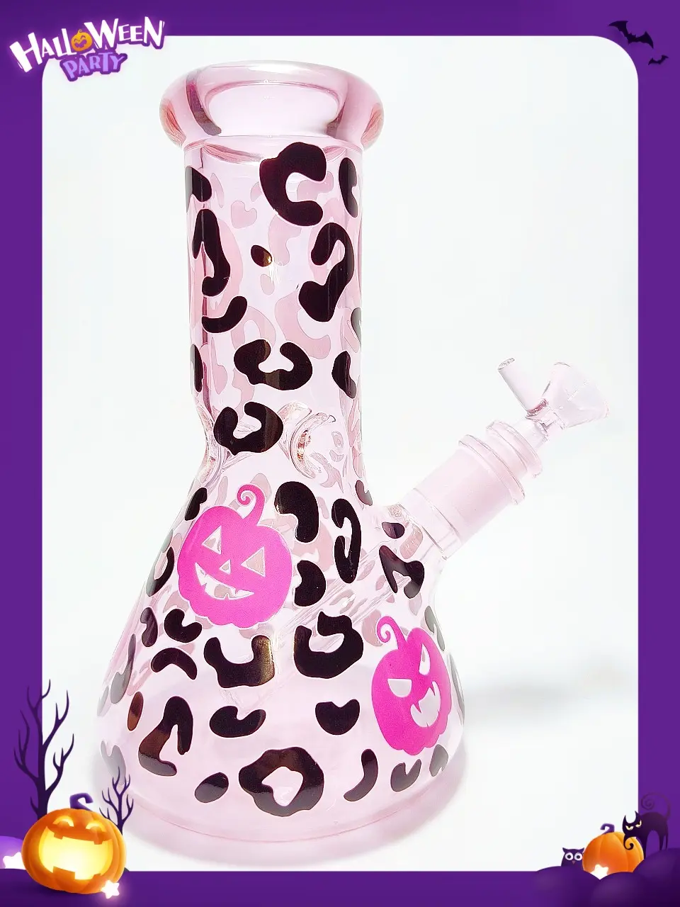 8 Inch 5mm Pink Pumpkin Leopard Beaker Bong - Image 5