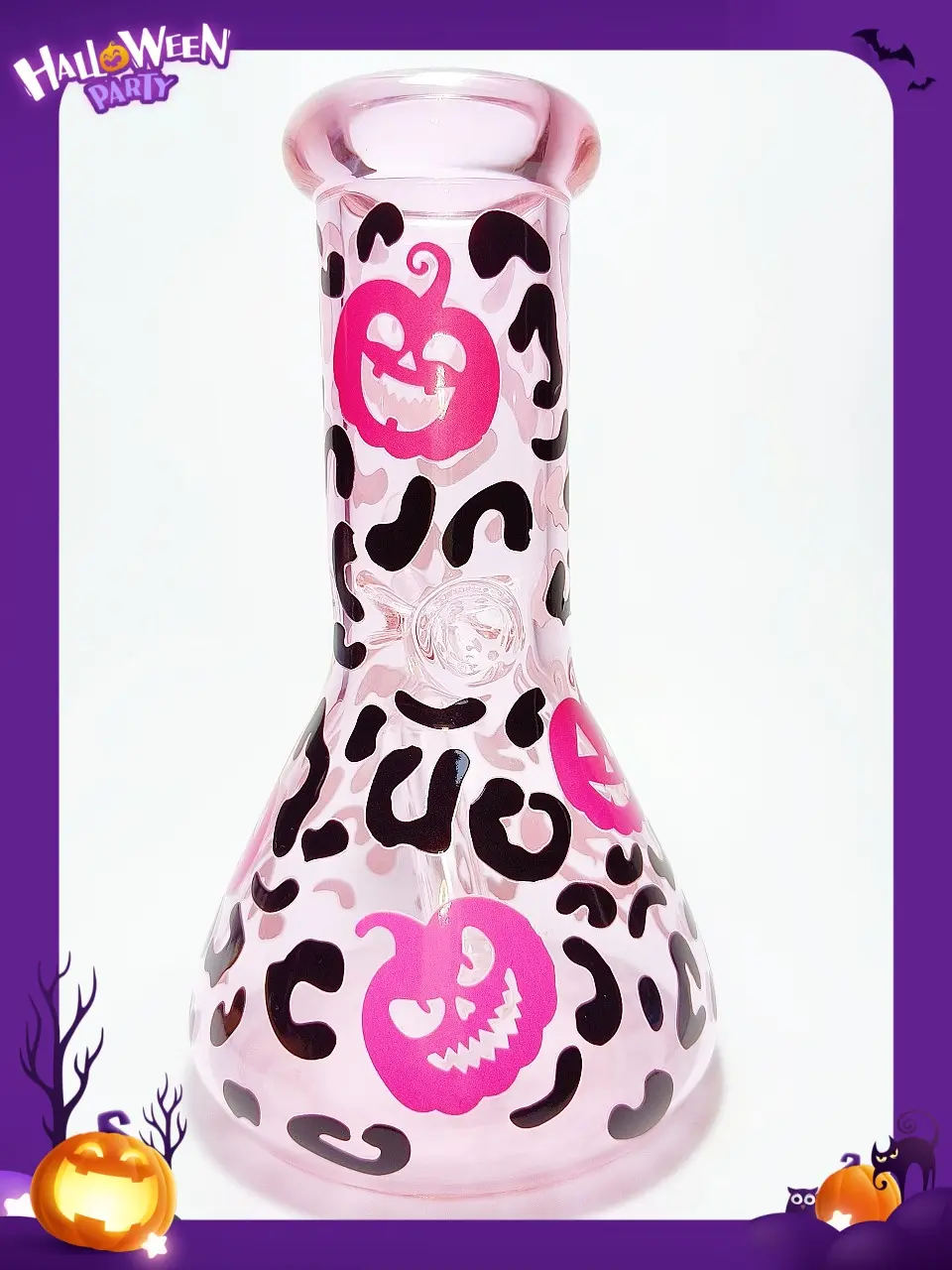8 Inch 5mm Pink Pumpkin Leopard Beaker Bong - Image 4