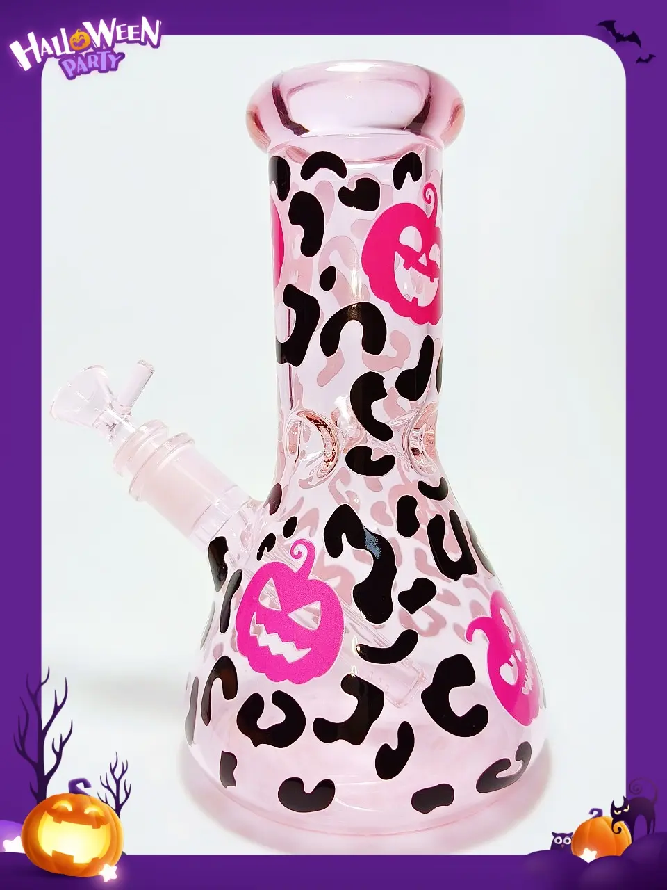 8 Inch 5mm Pink Pumpkin Leopard Beaker Bong - Image 3