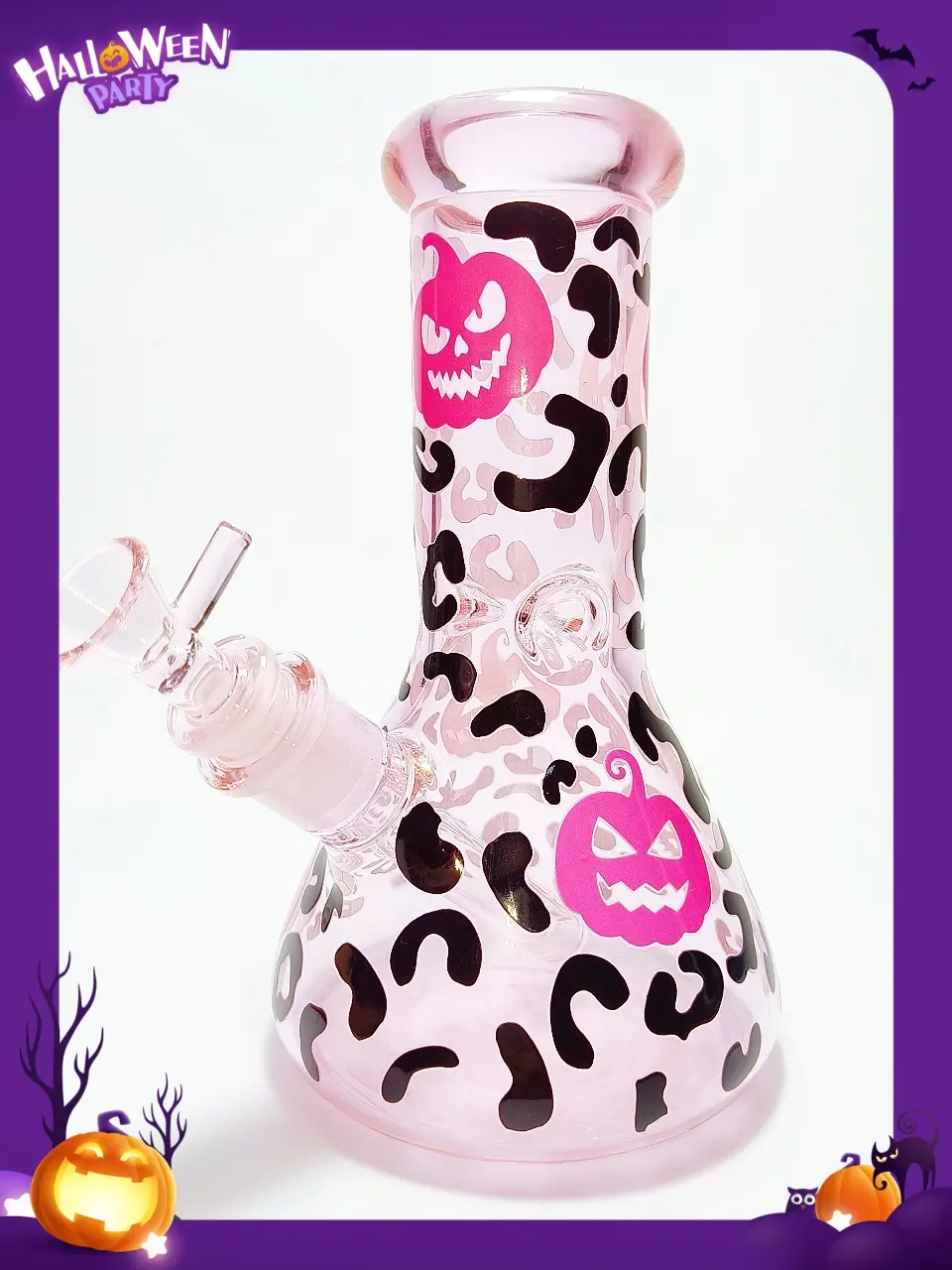 8 Inch 5mm Pink Pumpkin Leopard Beaker Bong - Image 2
