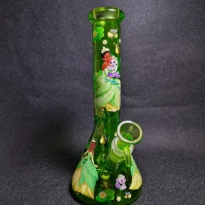 Princess Tiana Inspired 10-Inch Green Beaker Glass Bong with Lily Pad & Frog Artwork