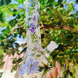 8-Inch Purple Pressed Flower Borosilicate Glass Beaker Bong with Green Leaf Accents