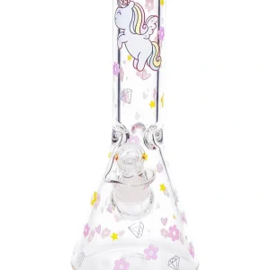 12 Inch Pink Unicorn Fantasy Beaker Bong with Heart Bowl, 9mm Glass