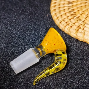 14mm Male Yellow Textured Glass Bong Bowl with Twisted Horn Handle